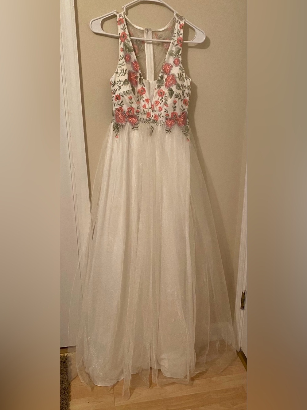 My Michelle white Prom Dress with Pink Floral Embroidery